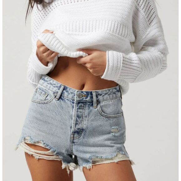 ~ NEW PacSun 27 Denim Festival Shorts Boho Acid Wash Rip Button High Waist Blue - Picture 10 of 14